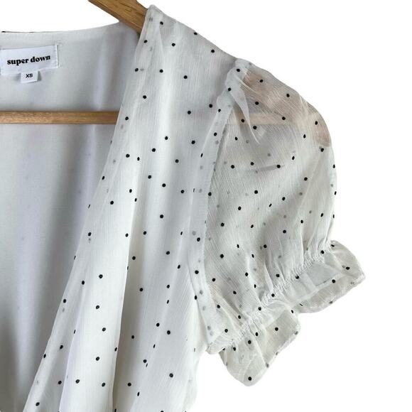 Superdown Jacelyn Wrap Mini Dress Ruffle Hem in White Black Polka Dots, Size XS - Picture 6 of 14